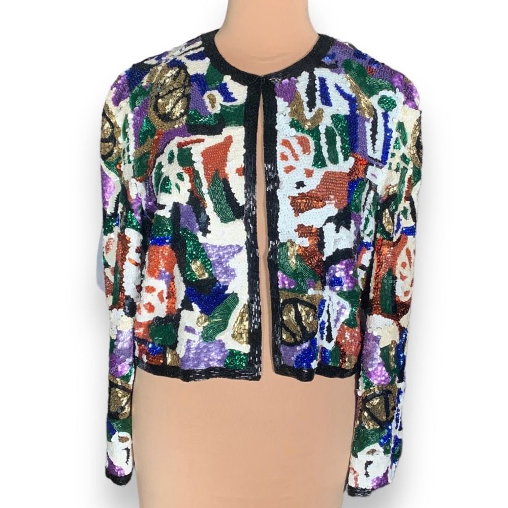 Vintage Black Tie Oleg Cassini Jacket Multicolor Sequins Silk Art To Wear Large